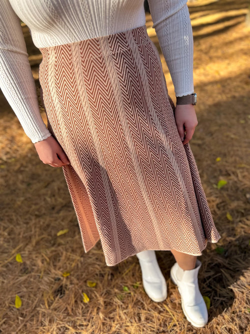 herringbone stripe sweater skirt in beige and maroon