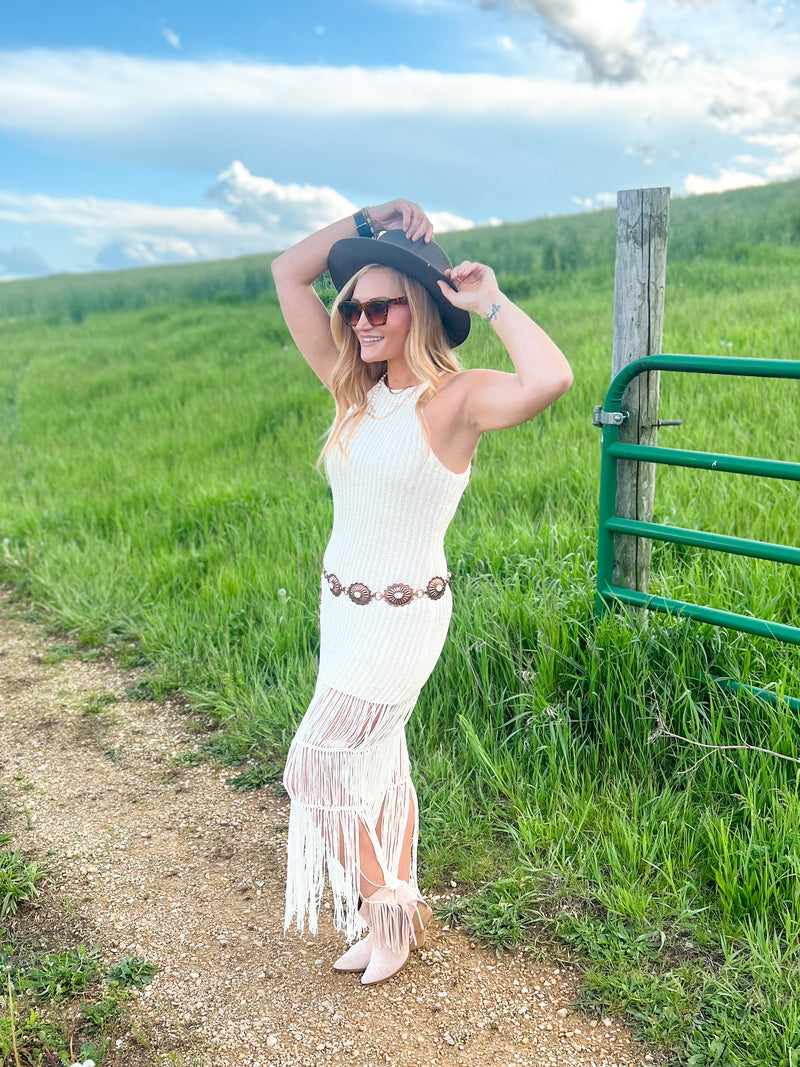 Crochet Knit Halter Fringe Maxi Dress Crochet Knit Halter Fringe Maxi Dress