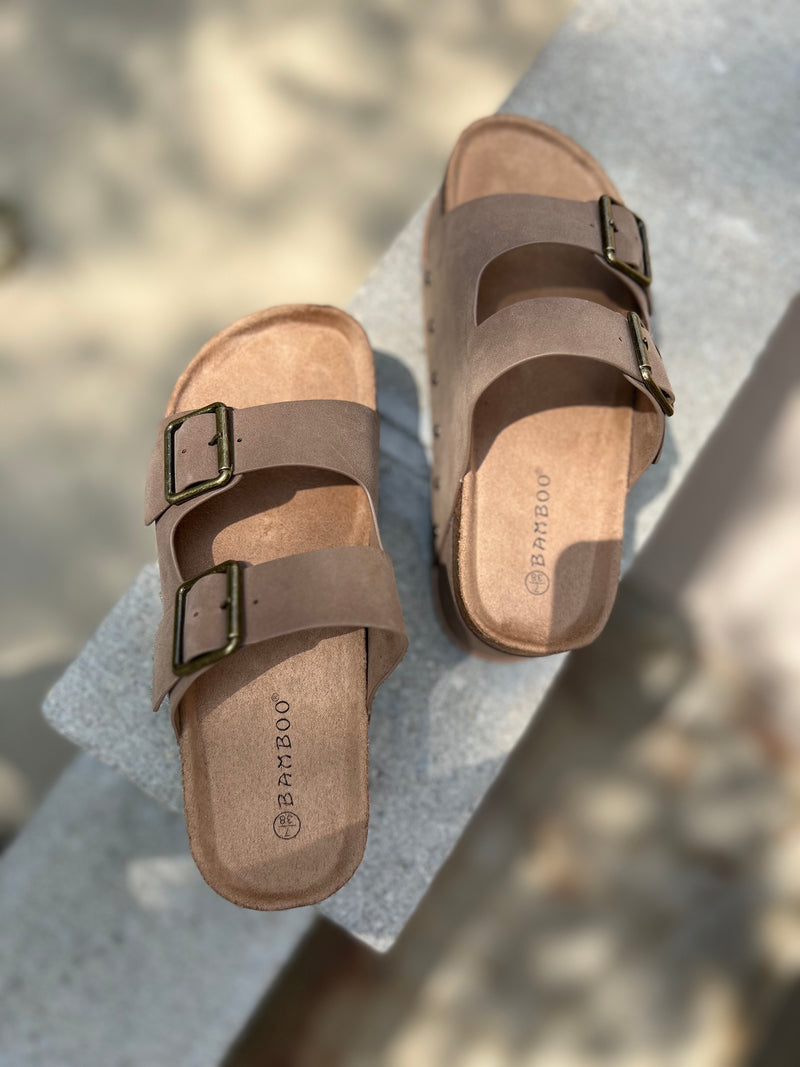 Taupe platform two strap sandals with studs 