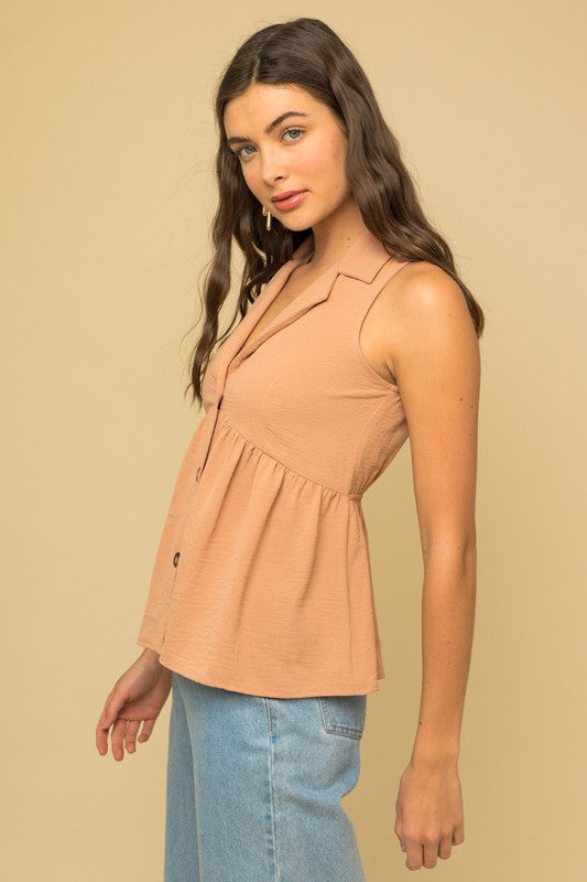 Tan Sleeveless Blouse with Collared neckline and button detail front