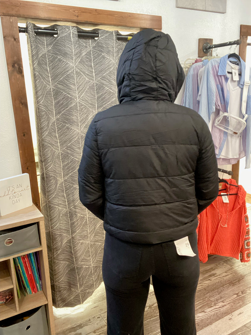 Iris fur lined quilted hoodie puffer jacket with pockets in black