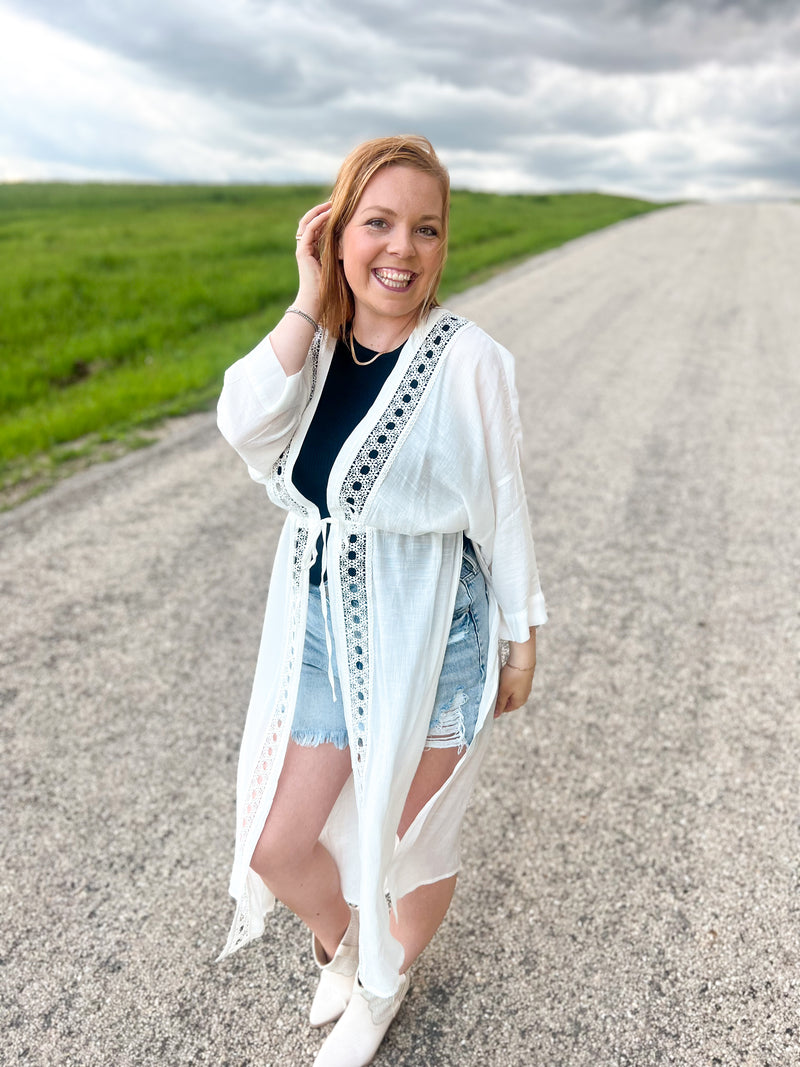 white gauze maxi kimono with lace trim