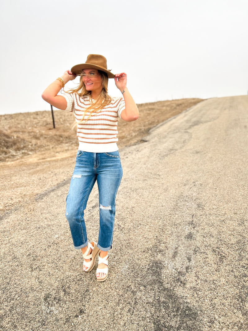 Maureen Striped Scalloped Edge Knit Short Sleeve