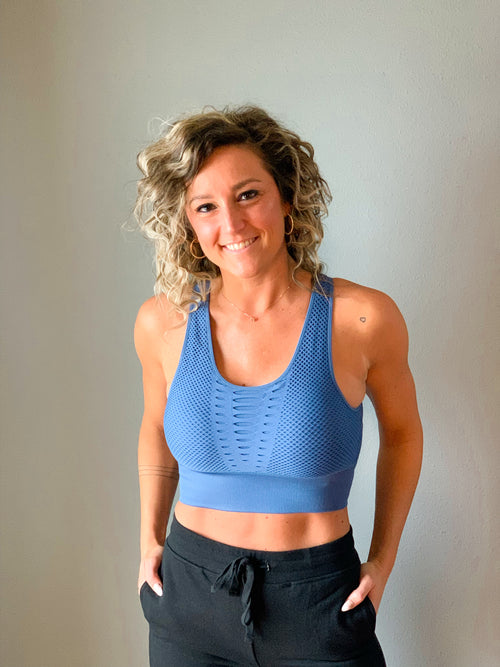 Mono B laser cut seamless sports bra in denim