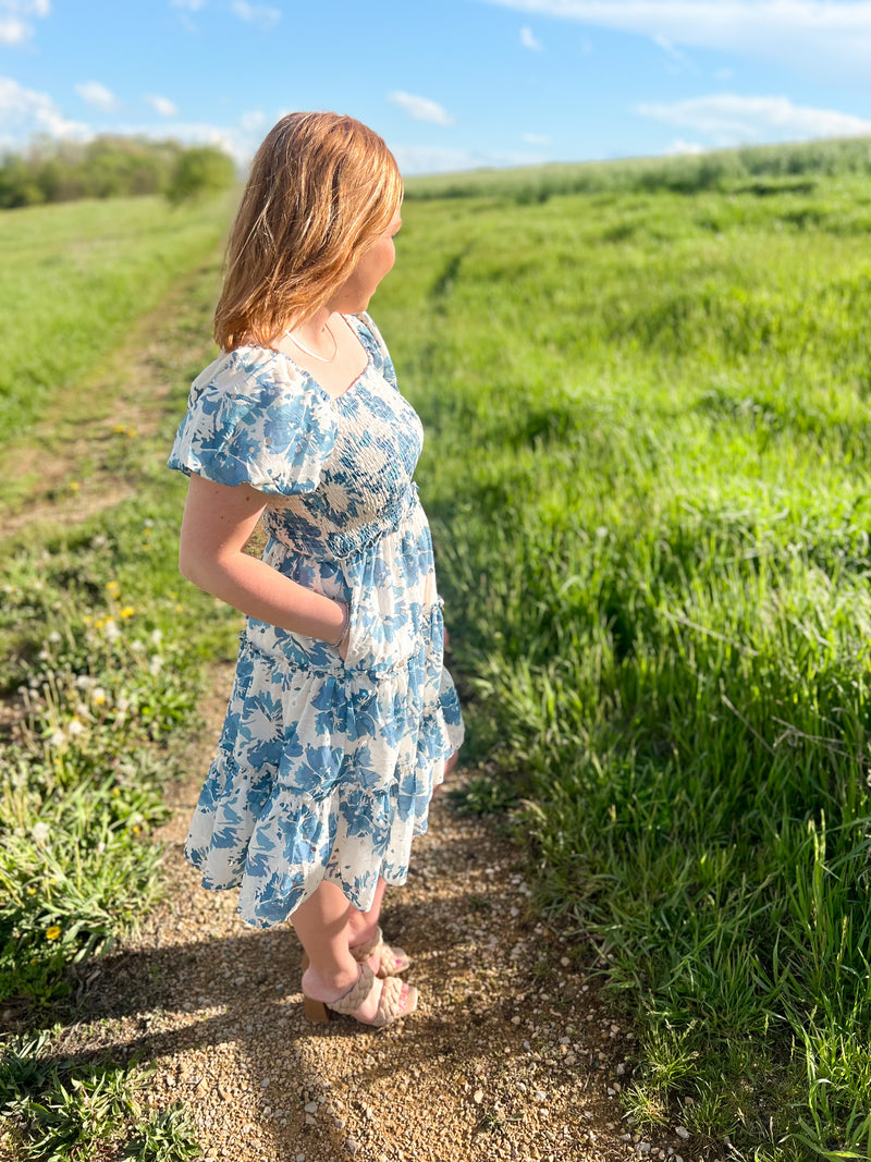 blue and cream floral mini dress with puff sleeves