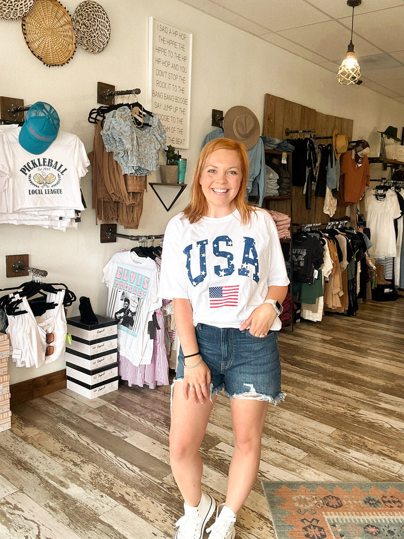 USA oversized graphic tee with stars and flag in white