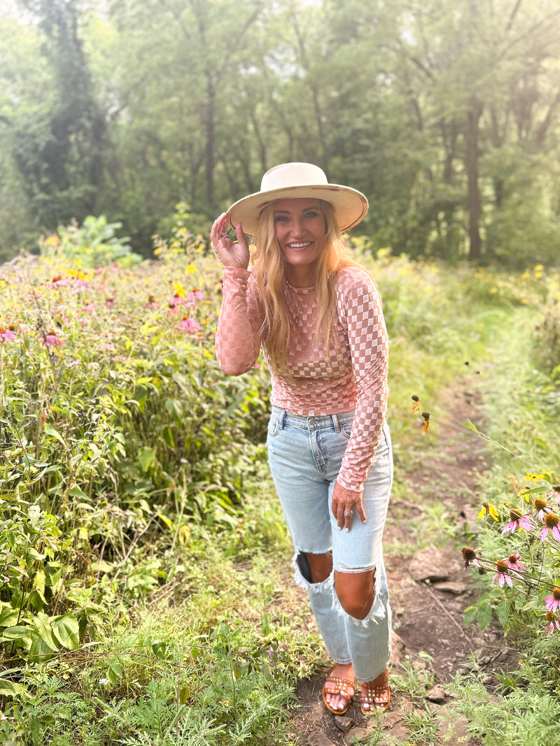 peach mesh and velvet checkered long sleeve