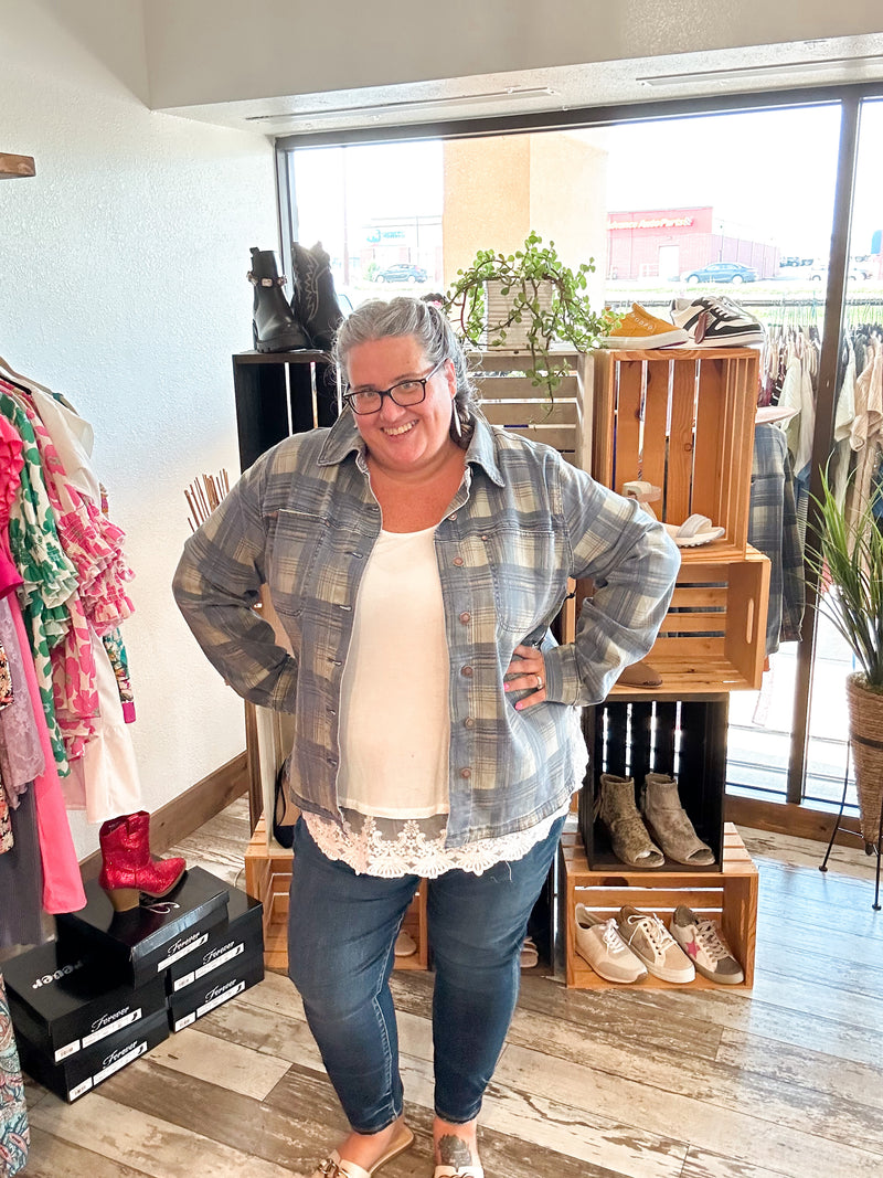 Vintage Plaid Printed Denim Shacket