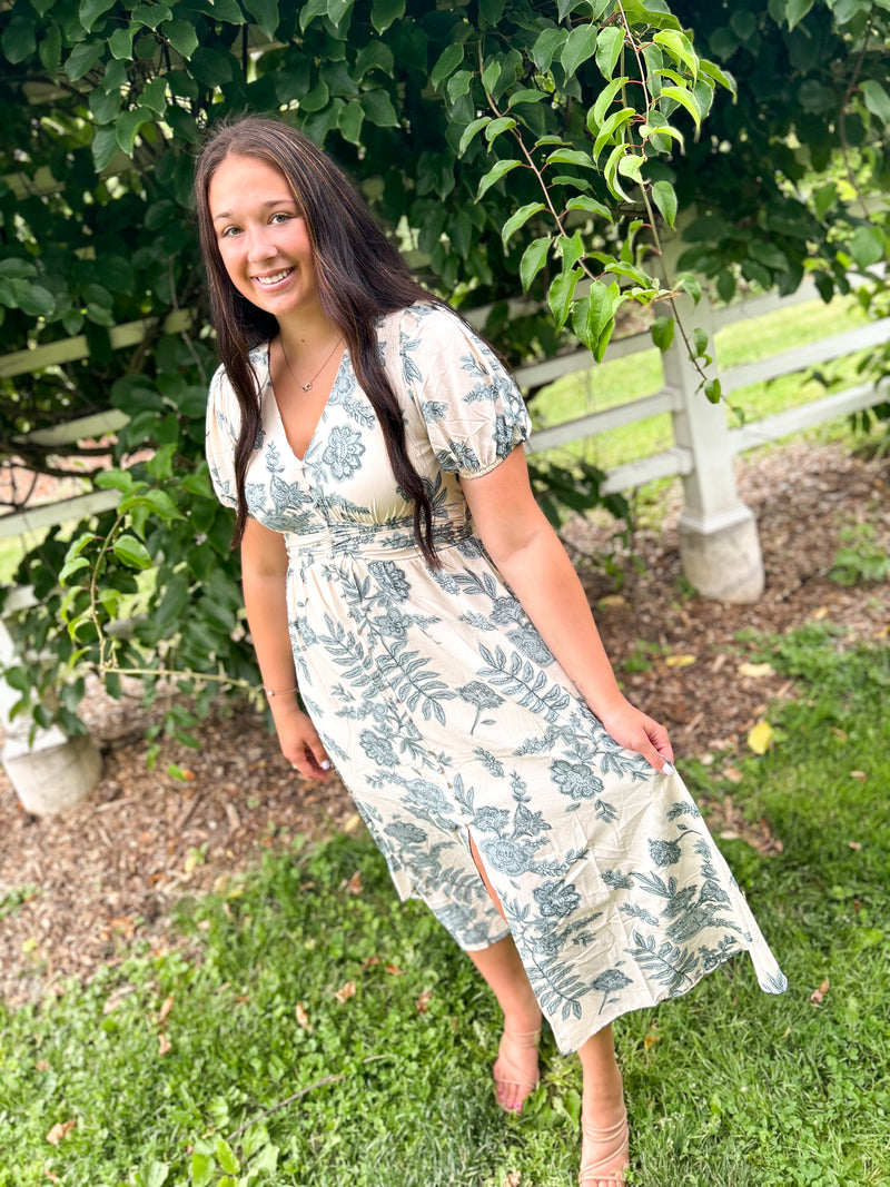 blu pepper blue floral cream midi dress with side slit