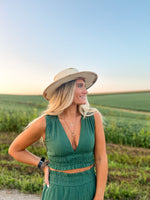 cropped sleeveless deep v-neck top with ruched elastic waistband in hunter green