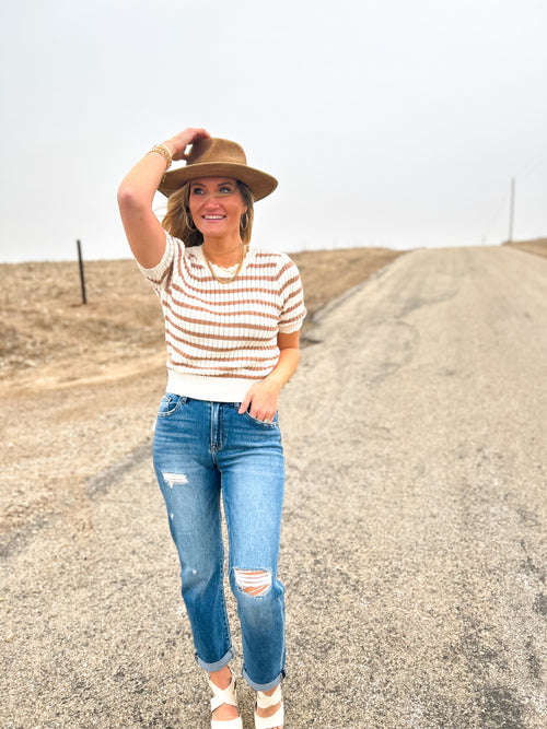 Maureen Striped Scalloped Edge Knit Short Sleeve