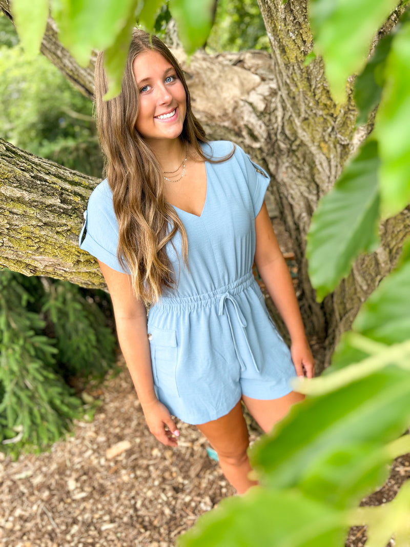 v-neck drawstring waist rompers in light blue