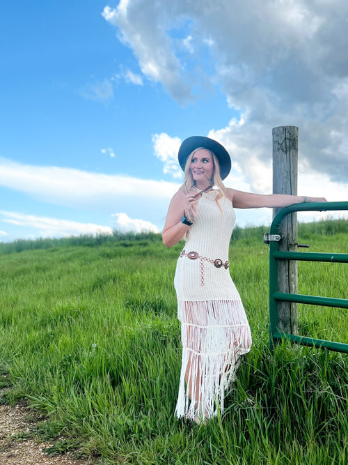 ivory crochet knit halter top fringe maxi dress