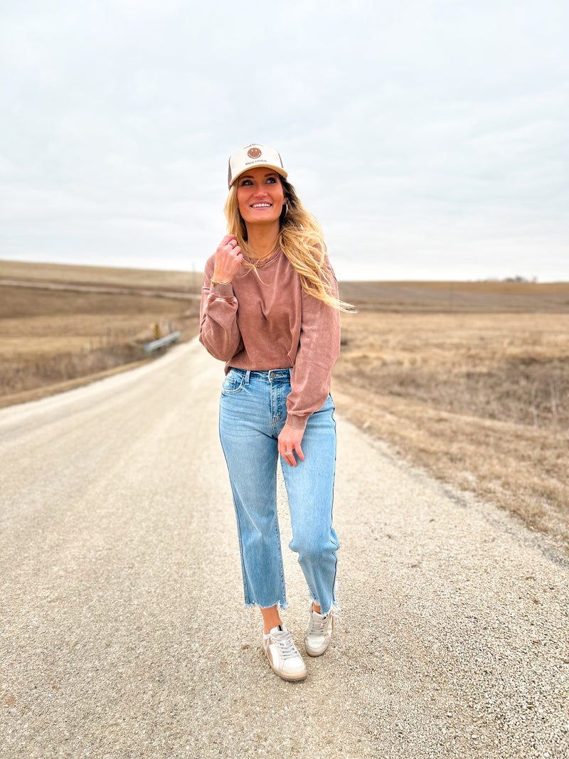 Chestnut Cropped Sweatshirt with Raw Hem