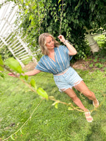 dark blue and cream drop shoulder cropped blouse