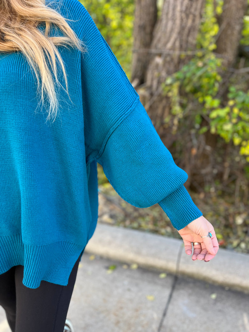 Zenana oversized sweater with side slits in ocean teal
