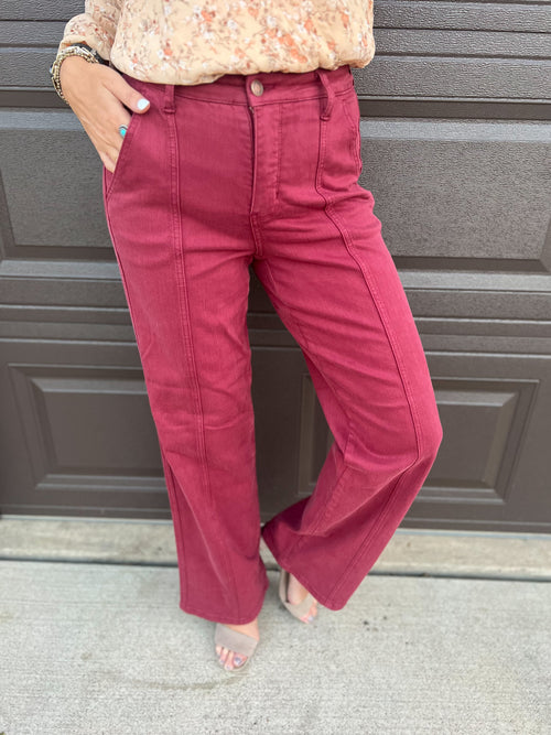 judy blue front seam straight leg jeans in burgundy