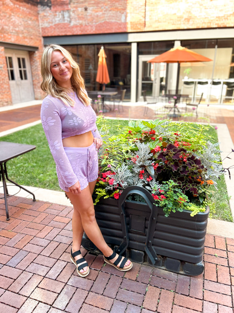 purple mesh flower long sleeve crop top and shorts set