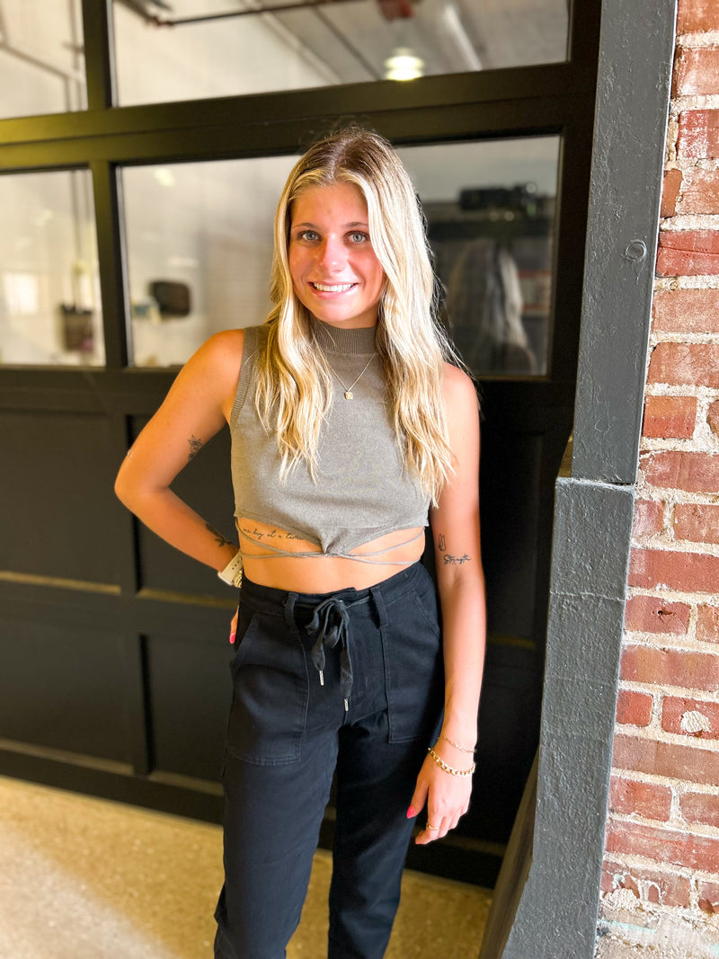 olive green high neck crop top with self tie decor