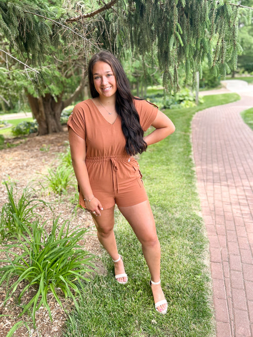 v-neck drawstring waist rompers in rust