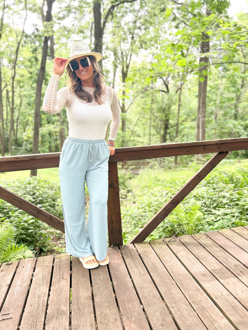 light blue soft drawstring pants