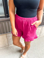 pink linen ruffle elastic shorts