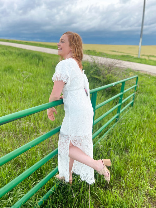 boho lace maxi dress in white