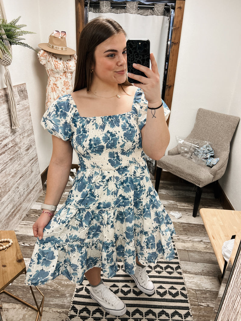 blue and cream floral mini dress with puff sleeves