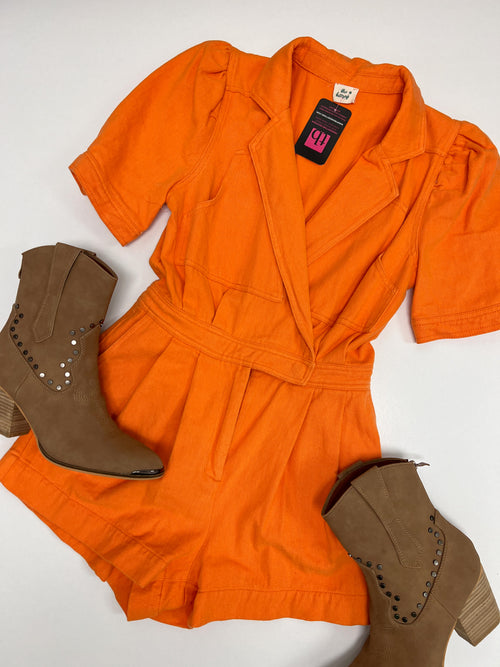 denim surplice romper in neon orange