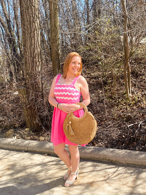 entro white wavy accent mini dress in hot pink with pockets