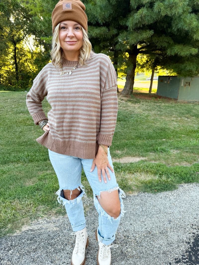 Taupe Striped Soft Sweater