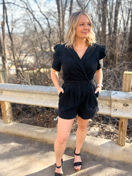 denim surplice romper in black