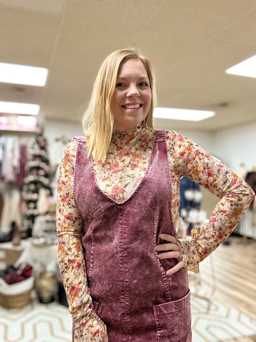 Raspberry Corduroy Overall Dress