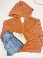 Camel colored Chenille Knit Sweater with zipper closure and hood