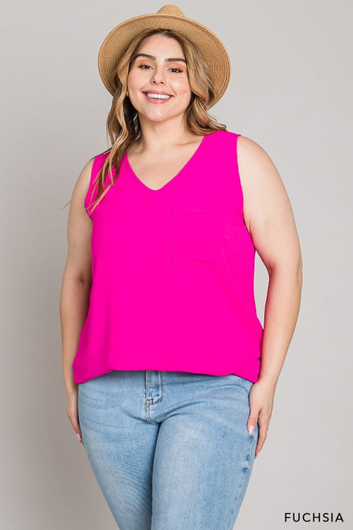 Cotton bleu v-neck pocket tank top blouse in fuchsia