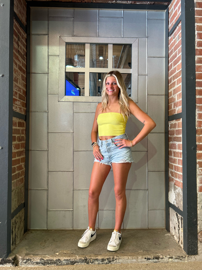 bright yellow ribbed tube top