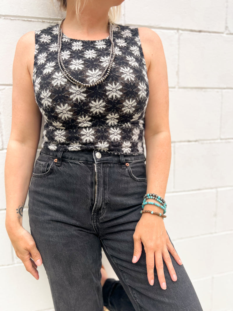 Black and White Daisy Knit Tank Top