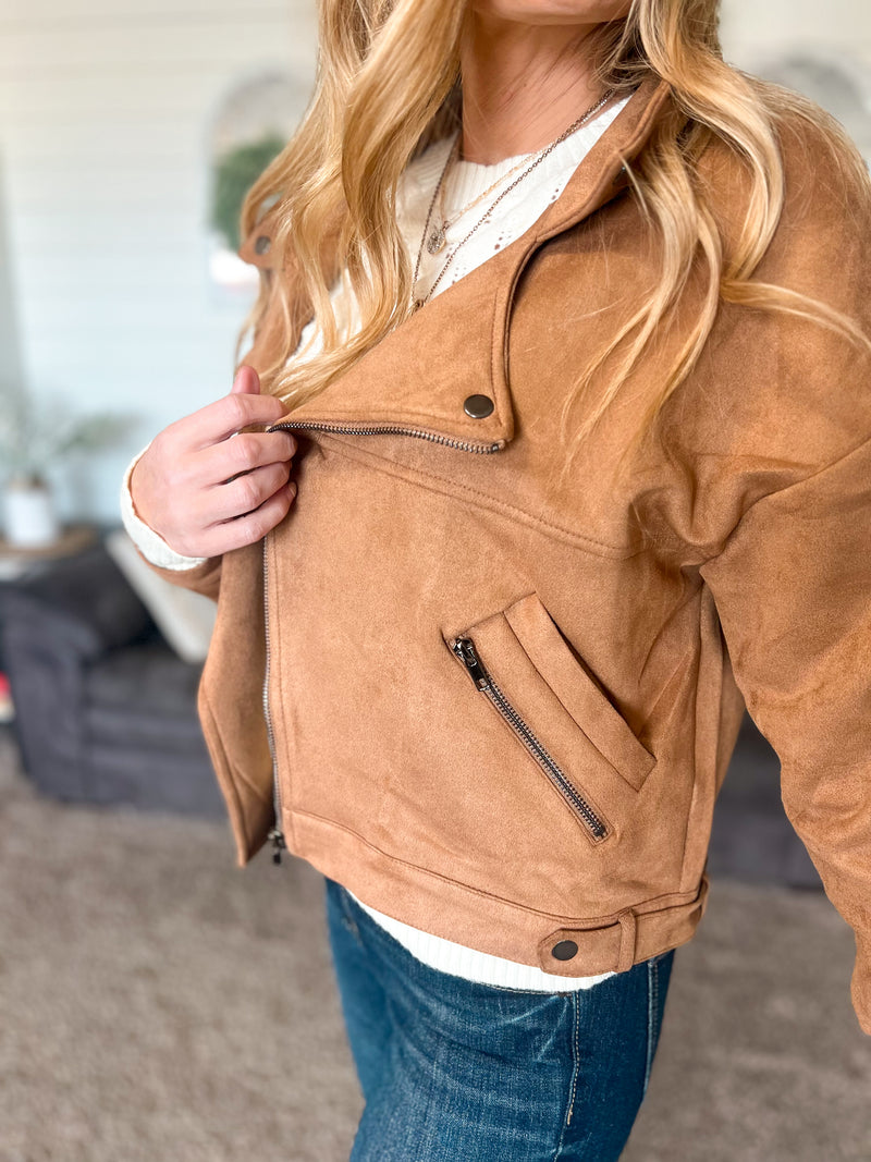 HYFVE camel suede moto jacket with cross zipper and pockets