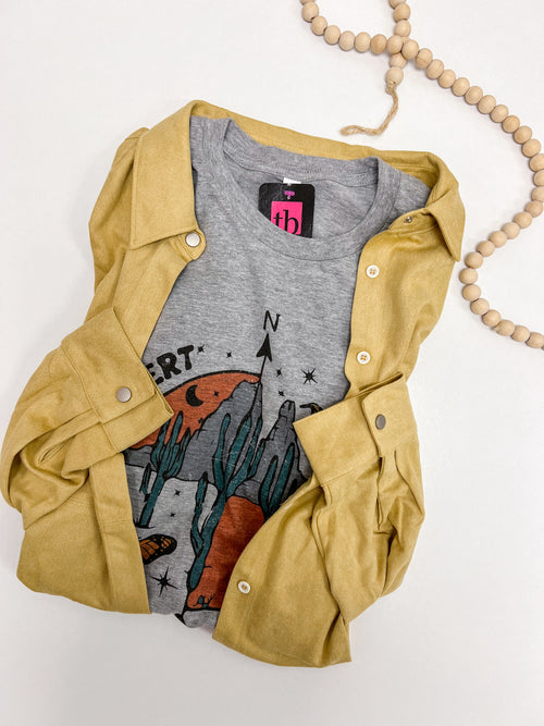 Mustard suede button down paired with Desert Dreamer graphic tee