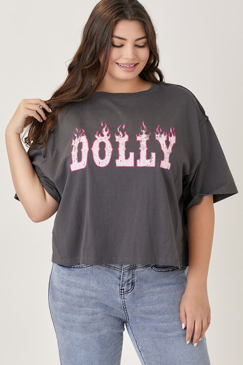 Charcoal Cropped Graphic tee with Dolly written in hot pink