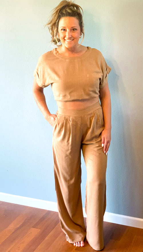 linen wide leg pants camel