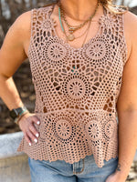 Bluivy crochet sleeveless scoop neck tank top with feminine design in latte