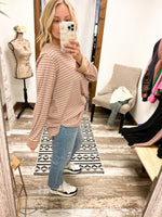 cotton bleu striped long sleeve top in taupe and white