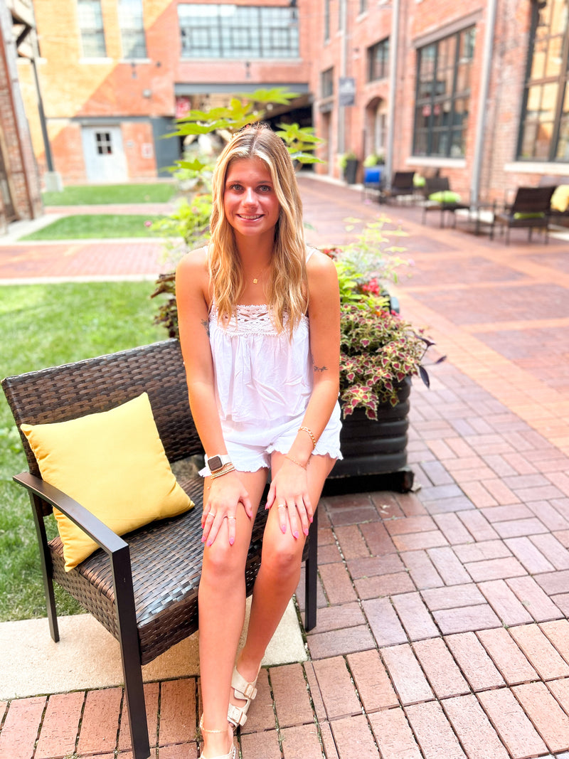 white lace 2 piece silk tank top and shorts set