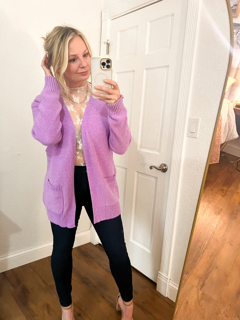 Zenana melange open front cardigan sweater in b lavender