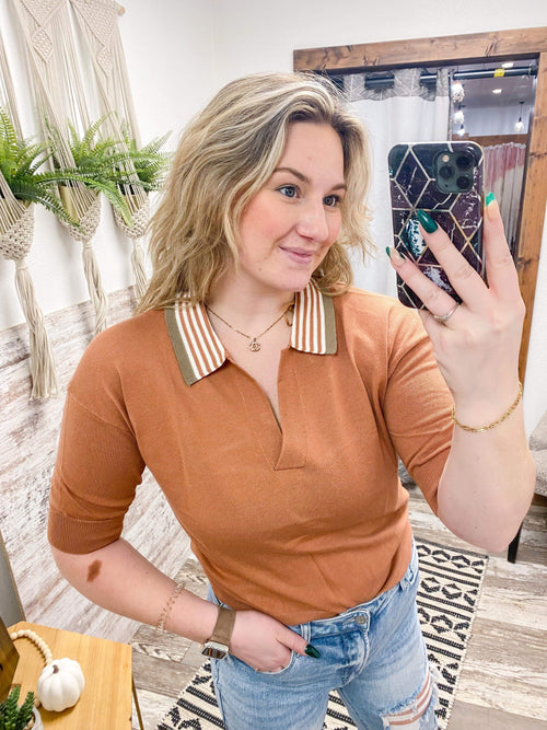 Wishlist polo sweater top in orange with striped collar