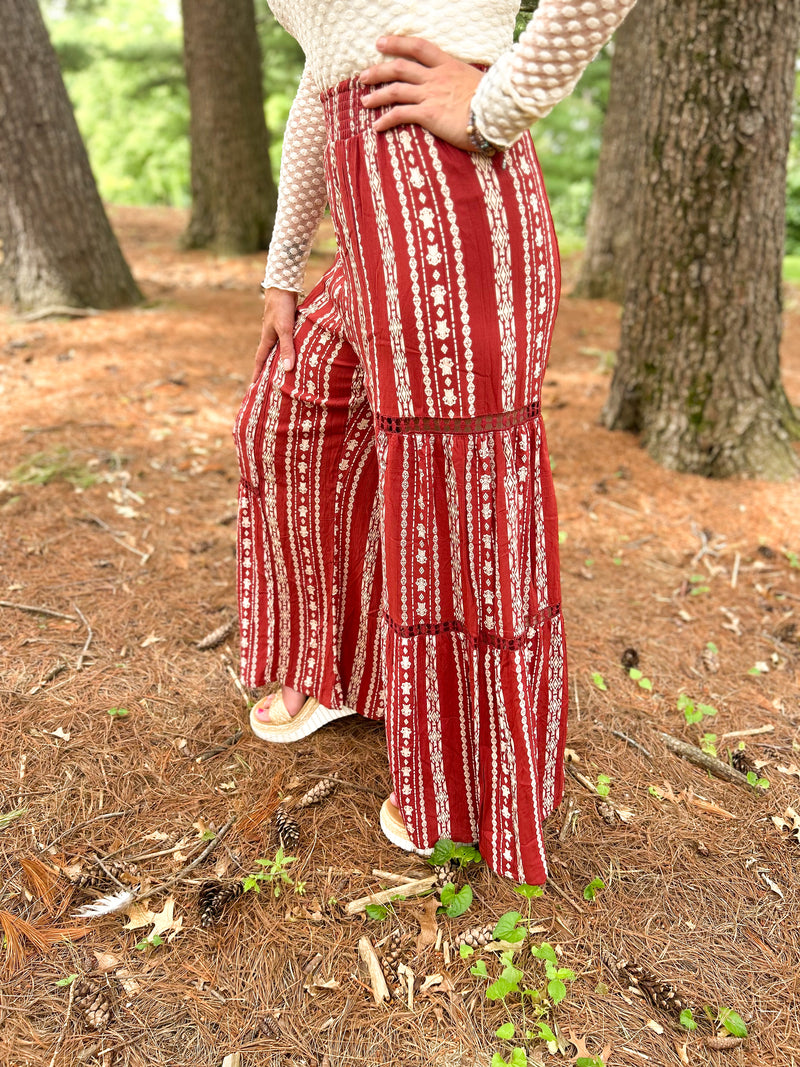 red and white boho wide leg printed pants with elastic waist