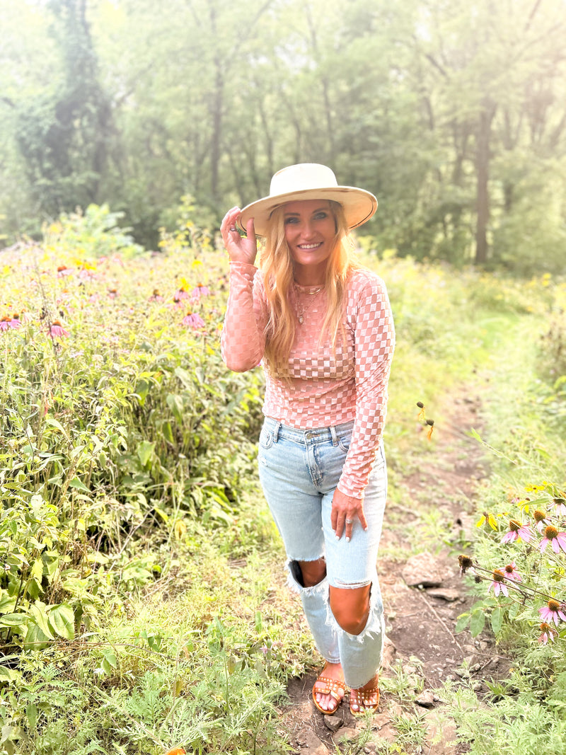 peach mesh and velvet checkered long sleeve