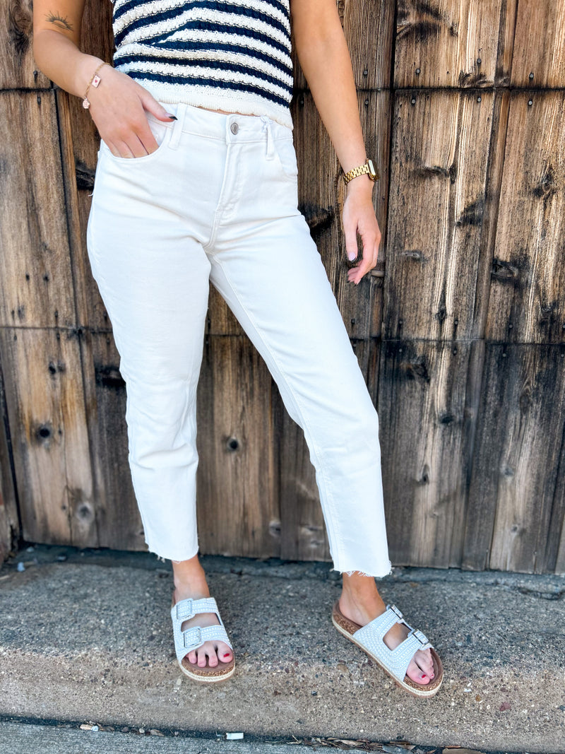 Verity Mid Rise Straight White Jeans