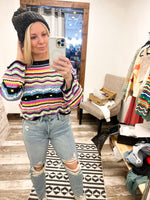 Collective Rack pointelle knit sweater with striped design in black, blue, yellow, pink, and white